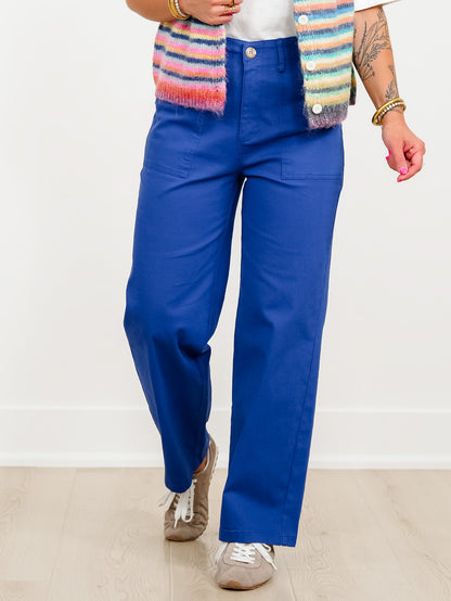 Royal Blue Straight Leg Pants with Patch Pockets - Freckled Poppy