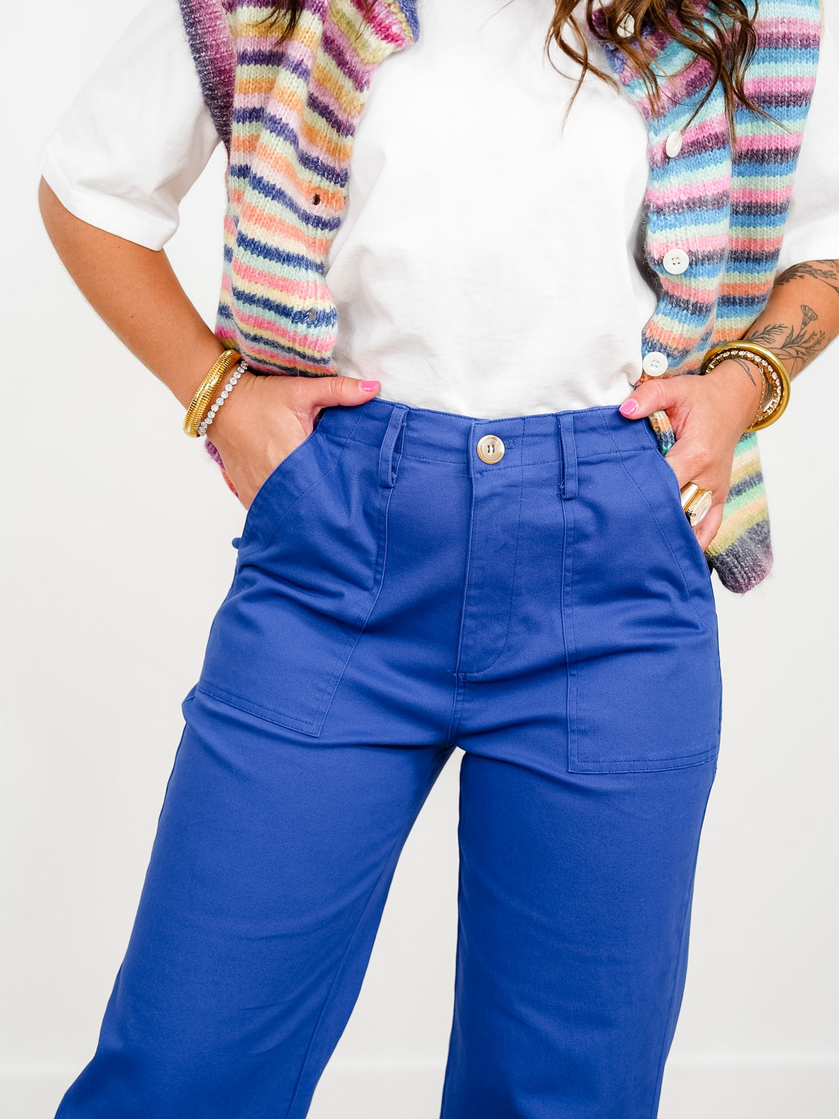 Royal Blue Straight Leg Pants with Patch Pockets - Freckled Poppy