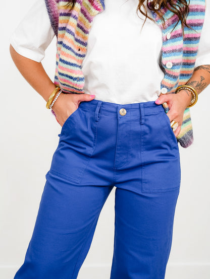 Royal Blue Straight Leg Pants with Patch Pockets - Freckled Poppy