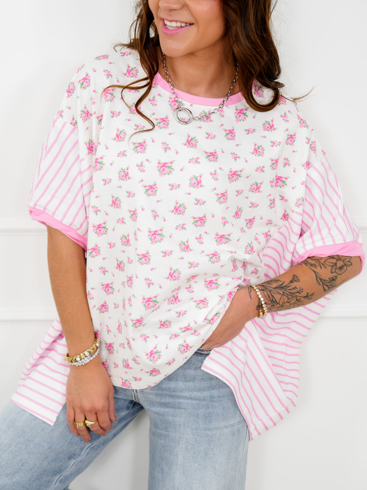 Floral and Stripe Print Short Sleeve Top - Freckled Poppy