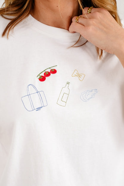 Knit Short Sleeve Round Neck Embroidered Top - Freckled Poppy