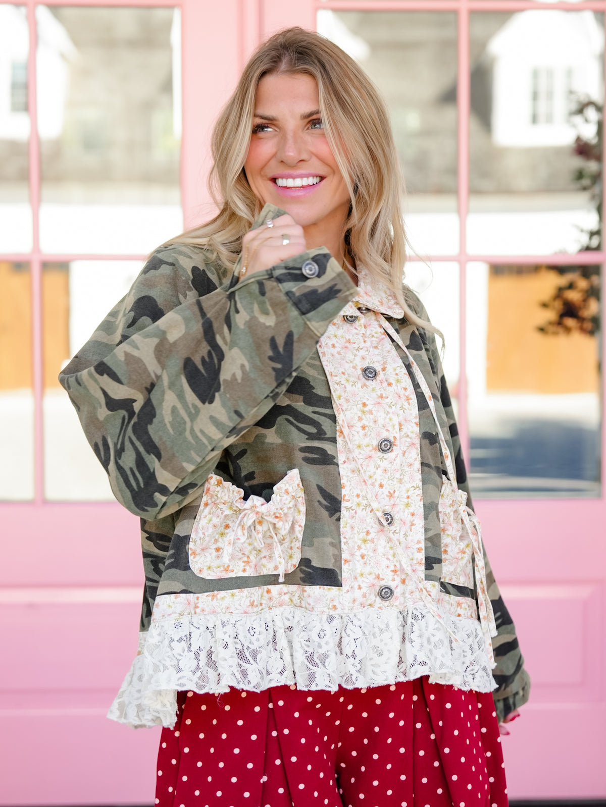 POL French Terry Camo and Floral Collar Lace Trim Jacket
