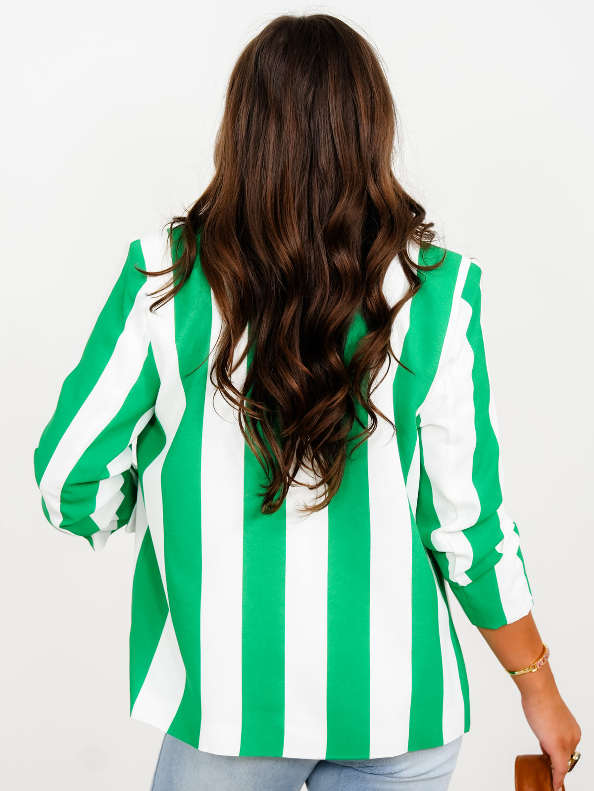 Plus/Reg Vertical Stripe Open Front Blazer - Freckled Poppy