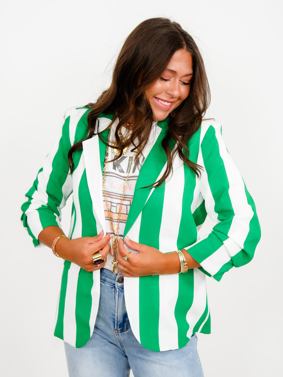 Plus/Reg Vertical Stripe Open Front Blazer - Freckled Poppy