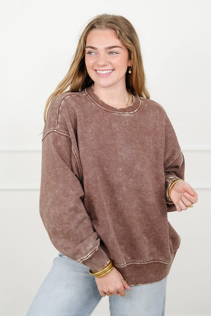 Door Buster! Zenana Acid Wash Oversized Fleece Pullover - Freckled Poppy