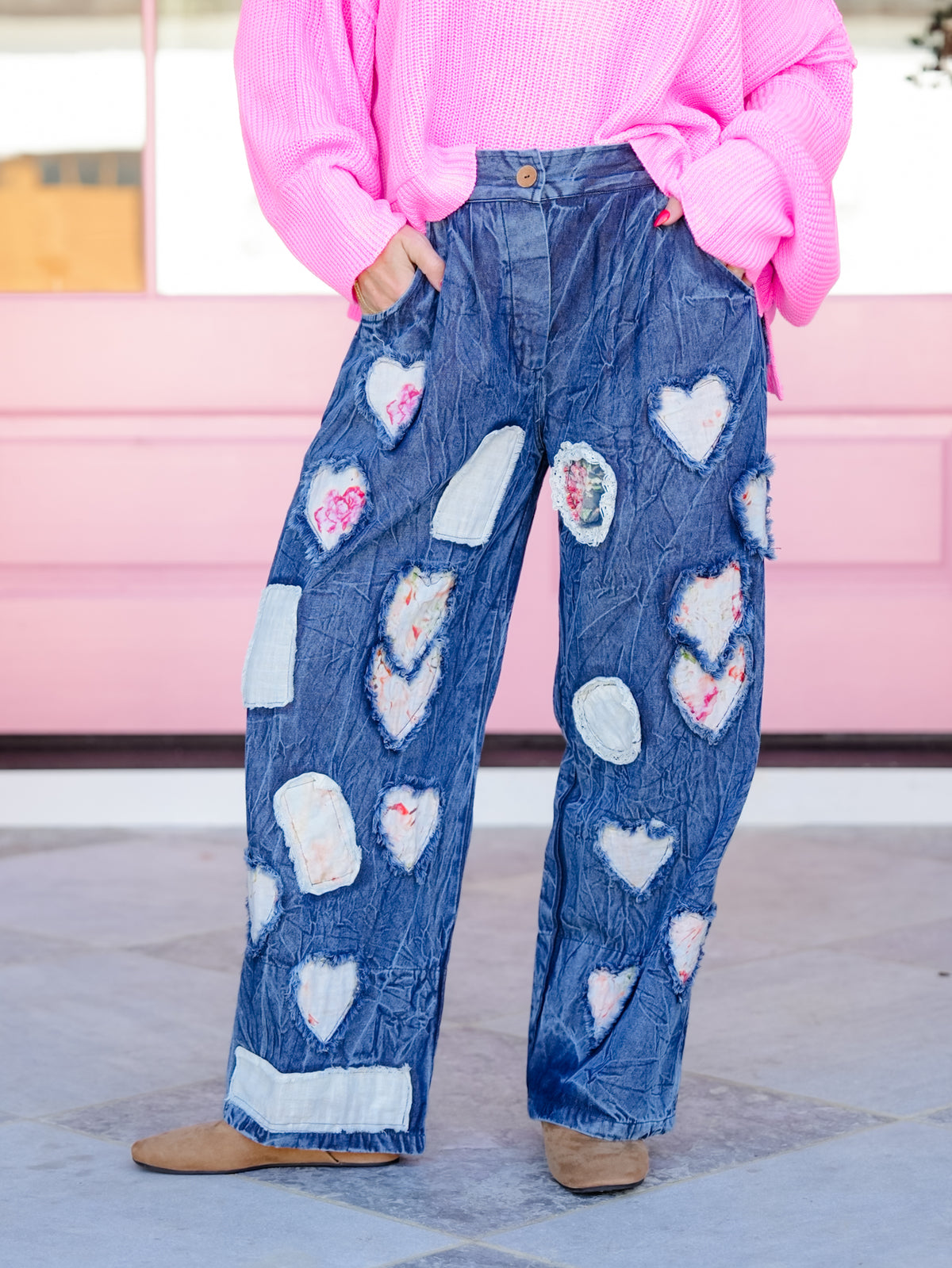 POL Heart Patchwork Elastic Waist Vintage Wash Pants