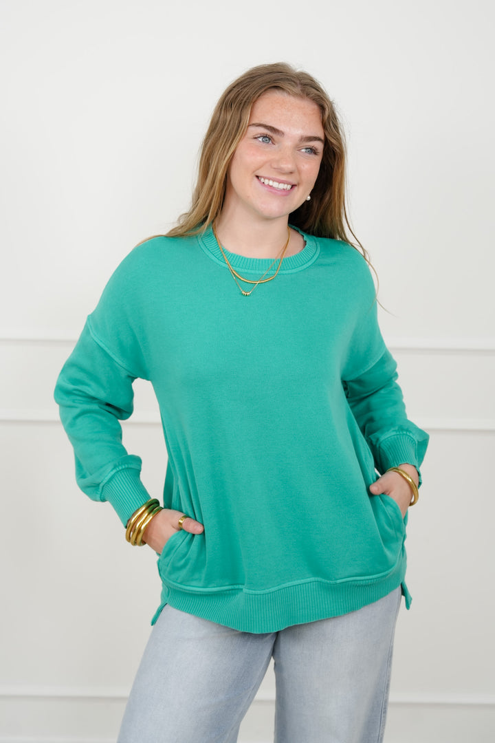 Door Buster! Zenana Pigment Dye Fleece Hi Low Hem Pullover with Pocket - Freckled Poppy