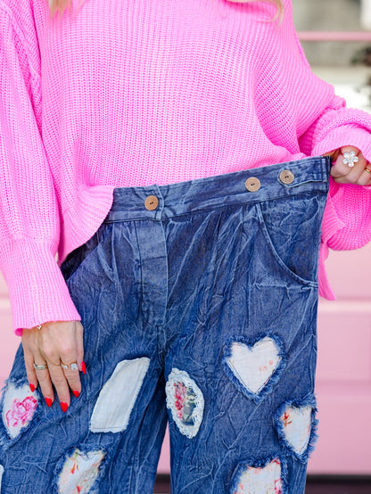 POL Heart Patchwork Elastic Waist Vintage Wash Pants