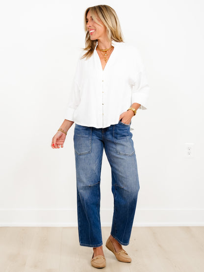 White Short Sleeve Ruffle Neck Button Down Top - Freckled Poppy