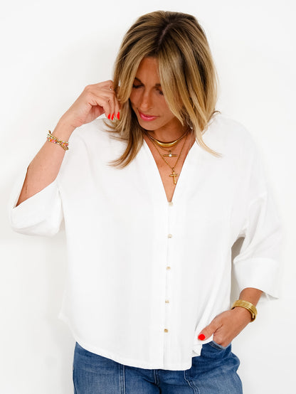 White Short Sleeve Ruffle Neck Button Down Top - Freckled Poppy