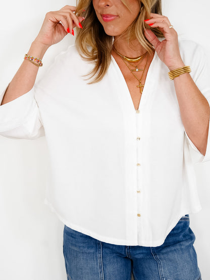 White Short Sleeve Ruffle Neck Button Down Top - Freckled Poppy