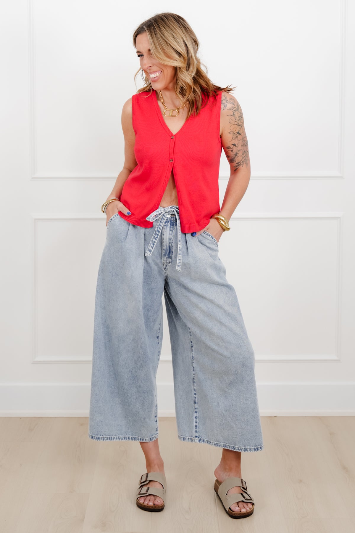 Sleeveless V Neck Button Down Sweater Vest - Freckled Poppy