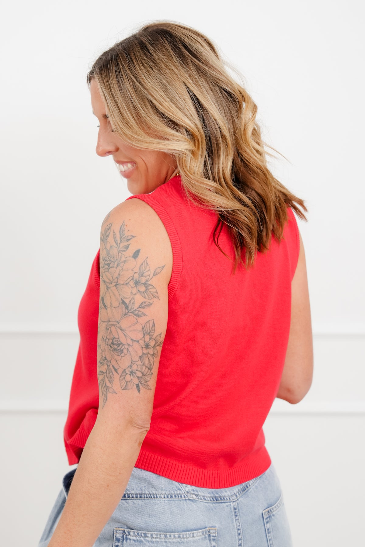 Sleeveless V Neck Button Down Sweater Vest - Freckled Poppy