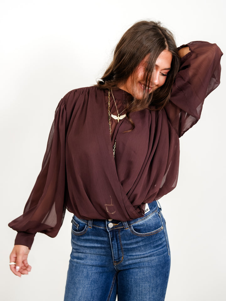 Chiffon Drape Ruched Long Sleeve Mock Neck Top with Back Tie - Freckled Poppy