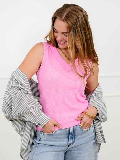 POL Ribbed Knit V Neck Tank Top with Lace Trim - Freckled Poppy