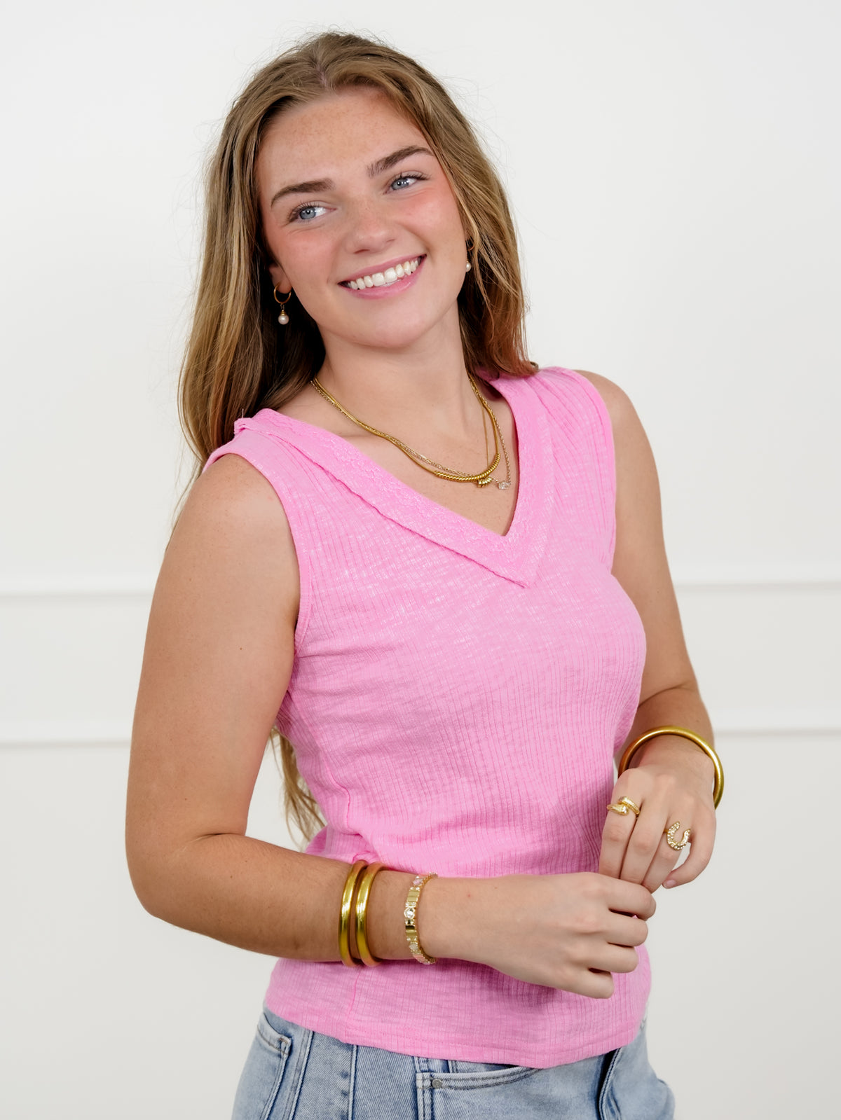 POL Ribbed Knit V Neck Tank Top with Lace Trim - Freckled Poppy
