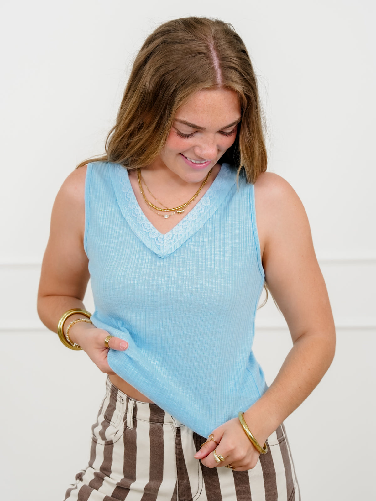 POL Ribbed Knit V Neck Tank Top with Lace Trim - Freckled Poppy