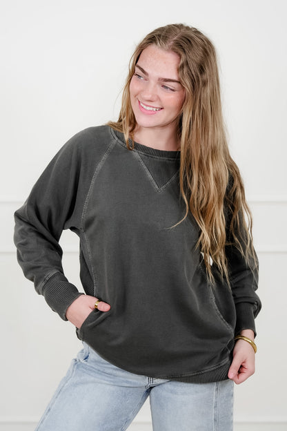 Door Buster! Zenana Pigment Dyed French Terry Pullover with Pockets - Freckled Poppy