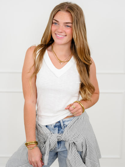 POL Ribbed Knit V Neck Tank Top with Lace Trim - Freckled Poppy