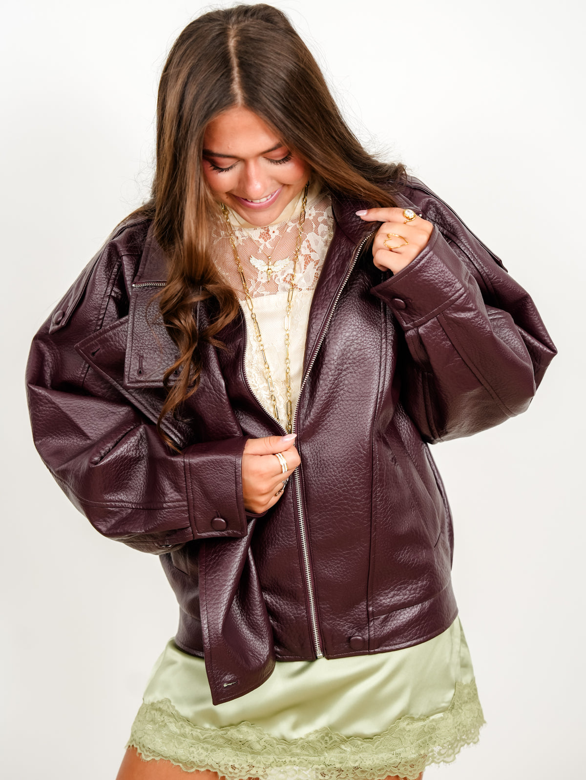 Long Sleeve Vegan Leather Mock Neck Bomber Jacket - Freckled Poppy