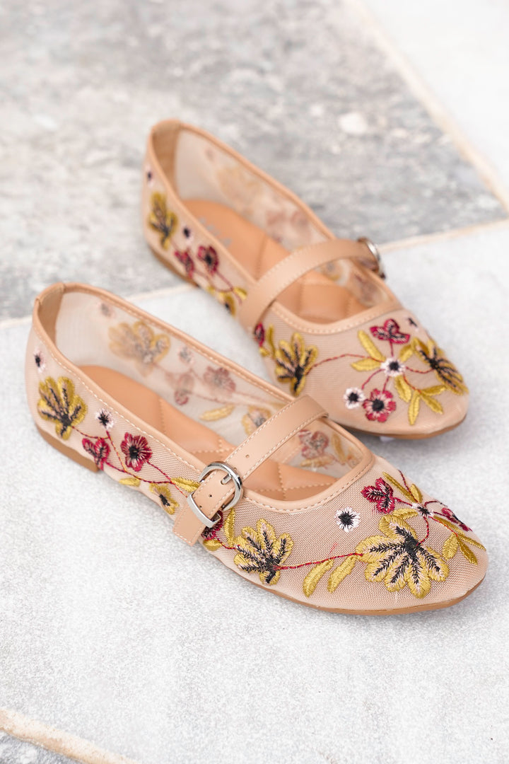 MIA Floral Embroidered Mary Jane Flats - Freckled Poppy