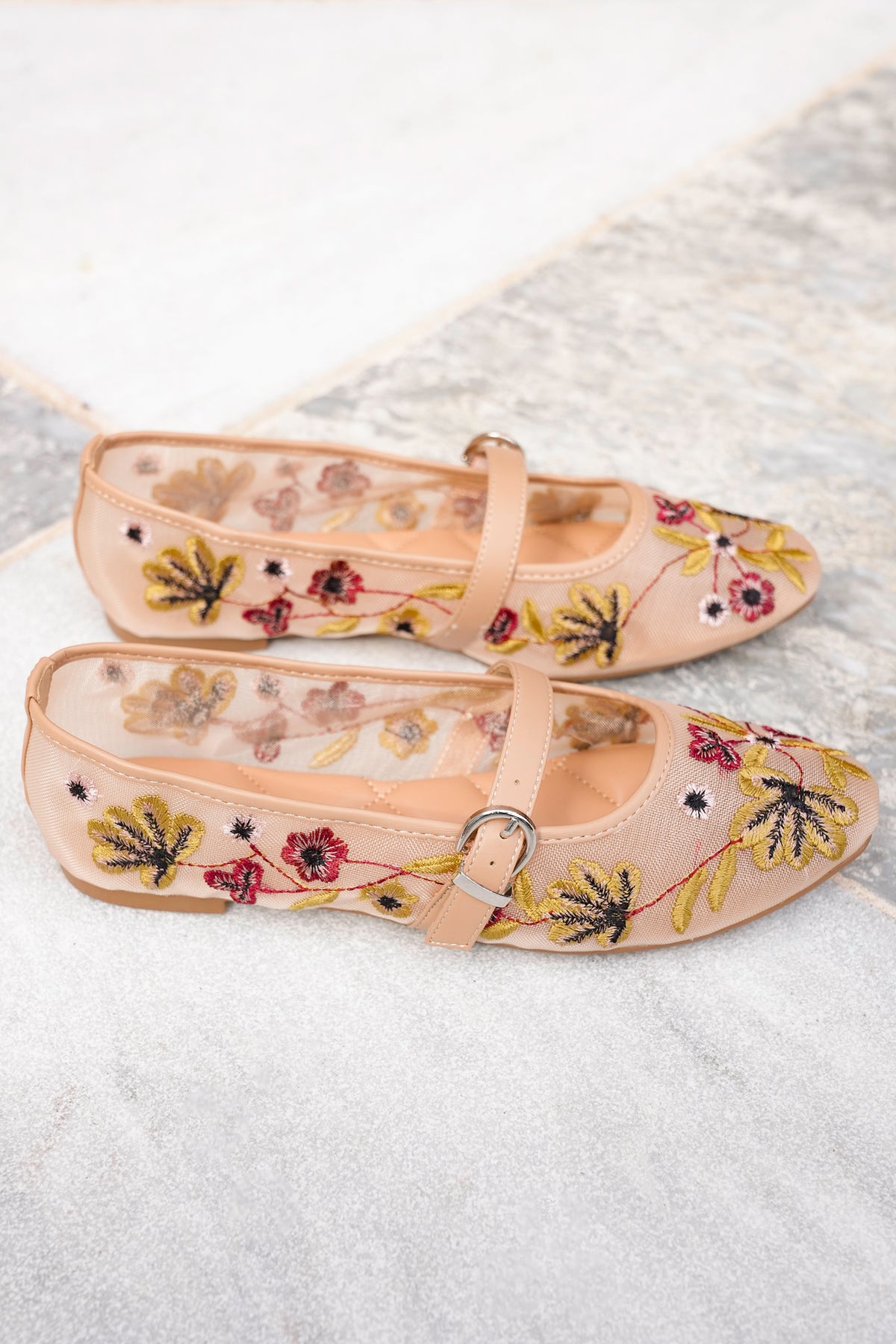 MIA Floral Embroidered Mary Jane Flats - Freckled Poppy