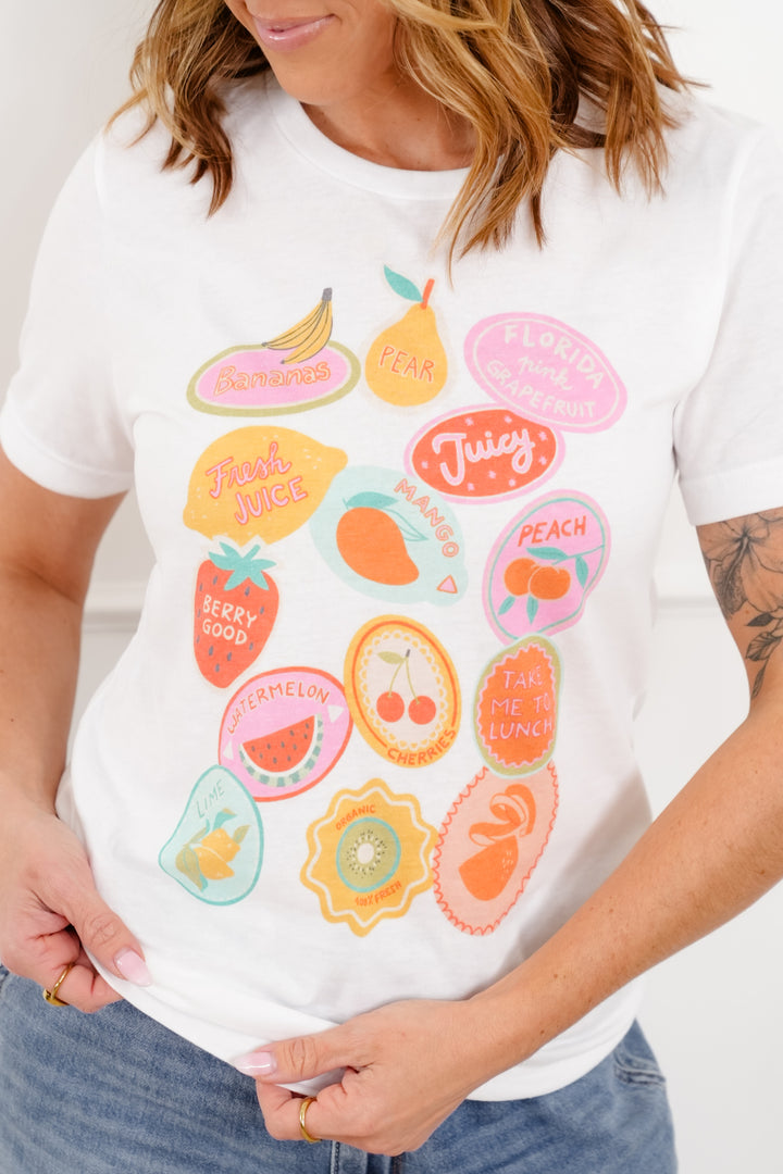 Plus/Reg Short Sleeve Fruit Stickers Graphic Tee - Freckled Poppy