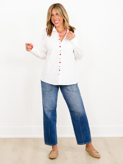 White Long Sleeve Button Down Top with Heart Accents - Freckled Poppy