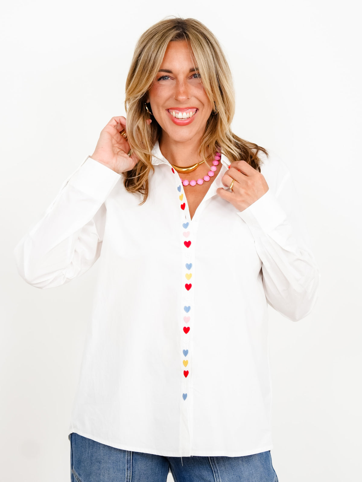 White Long Sleeve Button Down Top with Heart Accents - Freckled Poppy