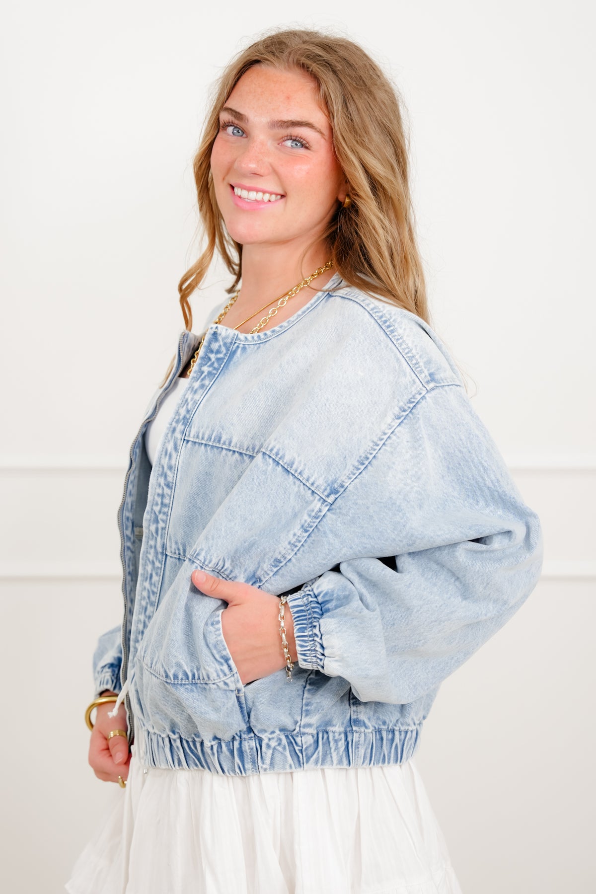 Light Wash Long Sleeve Zip-Up Bomber Jacket - Freckled Poppy