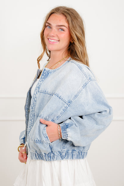 Light Wash Long Sleeve Zip-Up Bomber Jacket - Freckled Poppy