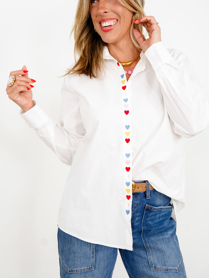 White Long Sleeve Button Down Top with Heart Accents - Freckled Poppy