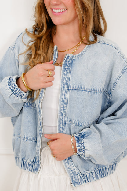 Light Wash Long Sleeve Zip-Up Bomber Jacket - Freckled Poppy