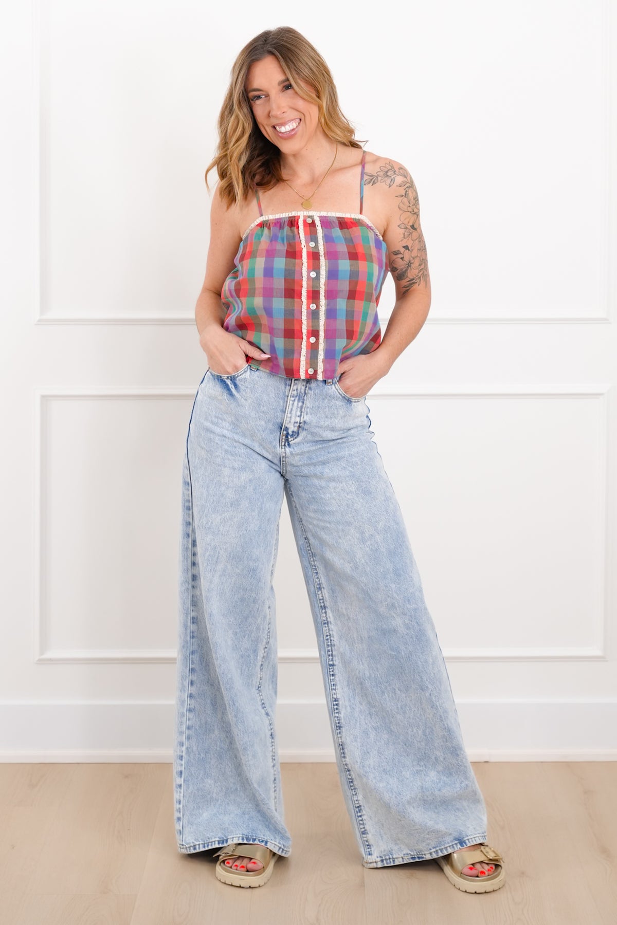 Plaid Cami Top with Lace Detail - Freckled Poppy