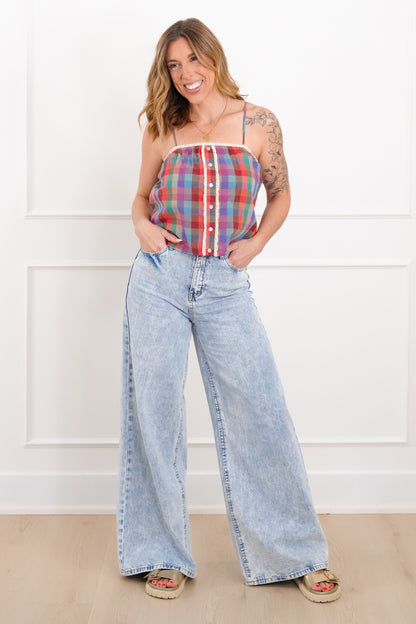 Plaid Cami Top with Lace Detail - Freckled Poppy