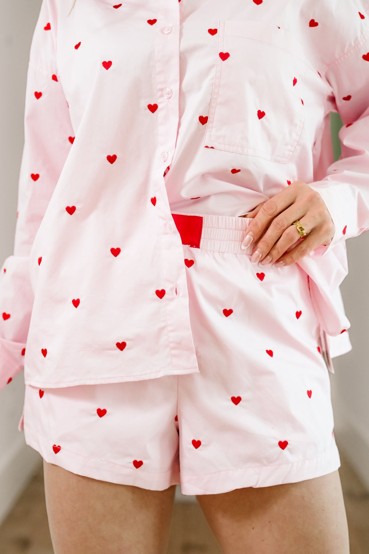 Heart Embroidered Elastic Waist Shorts with Pockets - Freckled Poppy