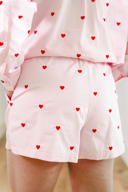 Heart Embroidered Elastic Waist Shorts with Pockets - Freckled Poppy