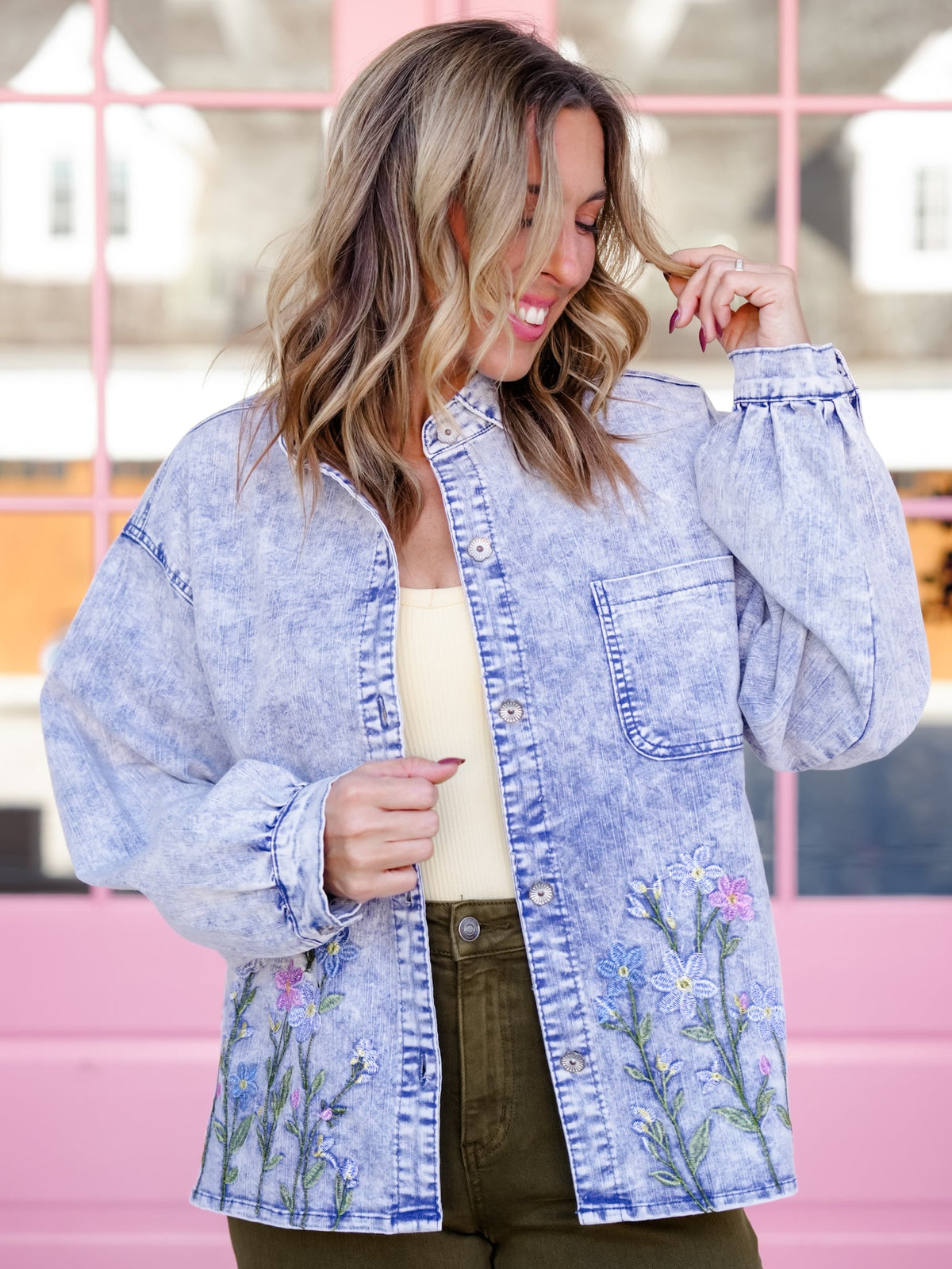 POL Embroidered Floral Long Sleeve Button Down Shacket - Freckled Poppy