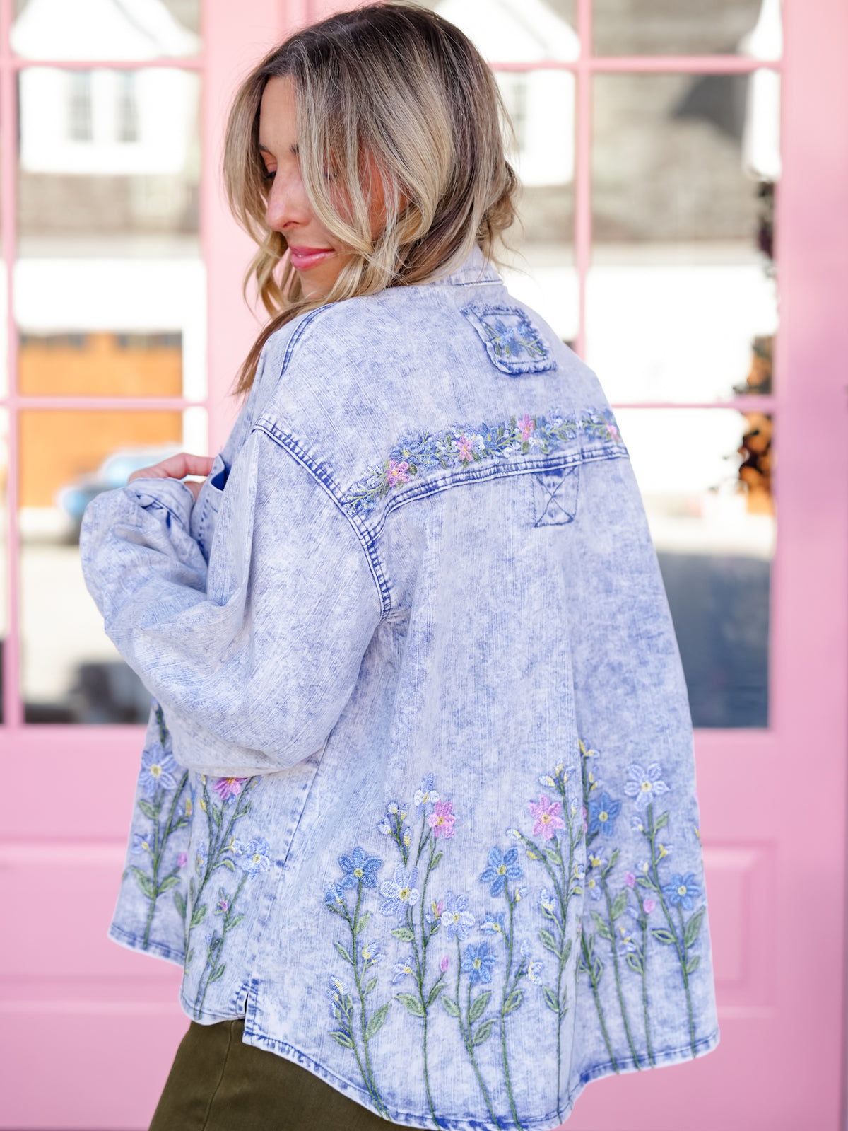 POL Embroidered Floral Long Sleeve Button Down Shacket - Freckled Poppy