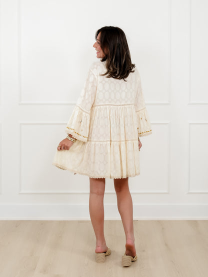 POL Natural 3/4 Sleeve V-Neck Dress with Seashell Trim - Freckled Poppy