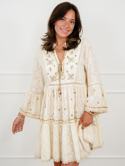 POL Natural 3/4 Sleeve V-Neck Dress with Seashell Trim - Freckled Poppy
