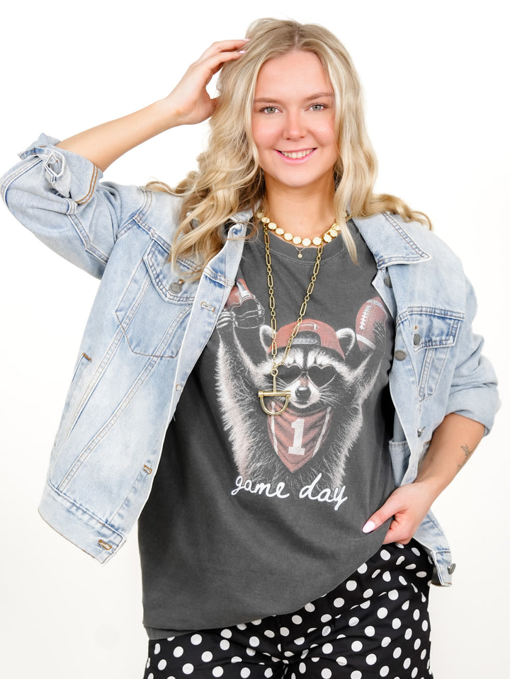 Plus/Reg Short Sleeve GAME DAY Racoon Football Graphic Tee - Freckled Poppy