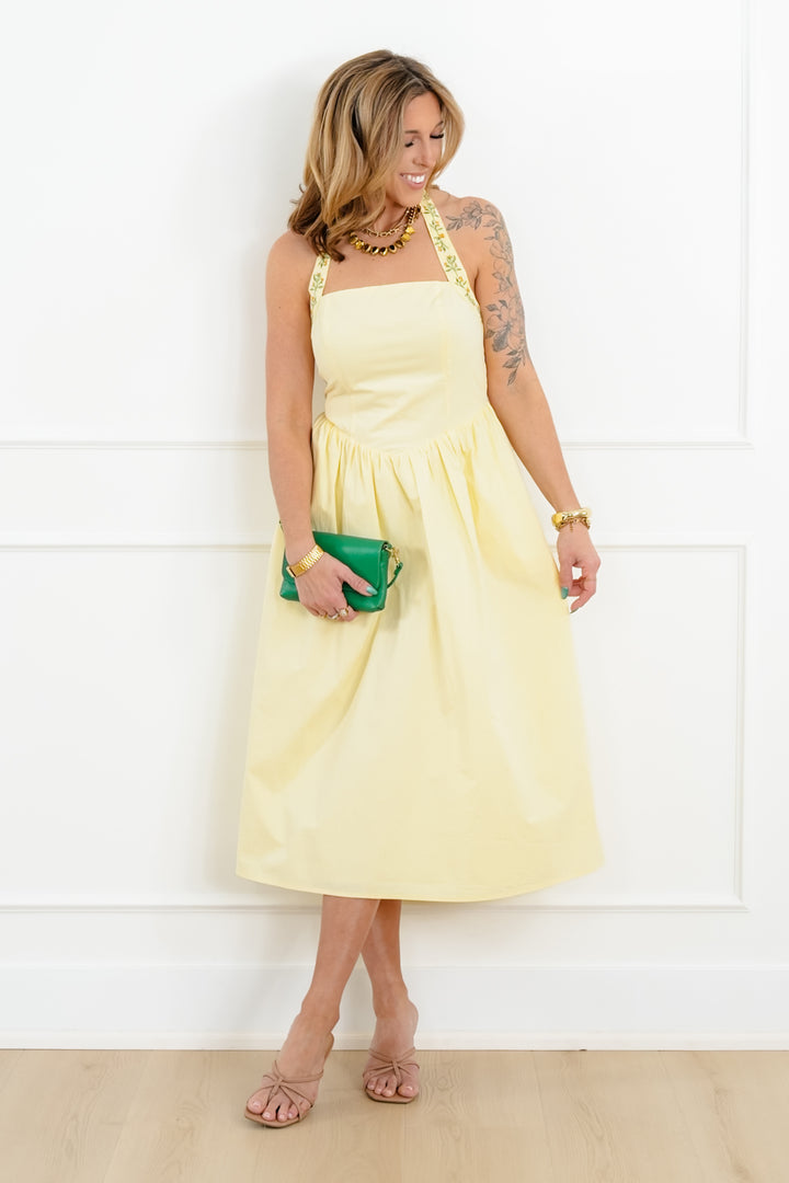Yellow Sleeveless Halter Neck Midi Dress with Embroidery Trim - Freckled Poppy