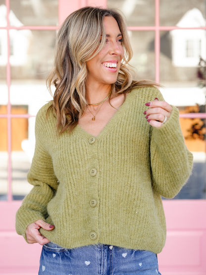 POL Ribbed Knit Long Sleeve V-Neck Button Down Cardigan