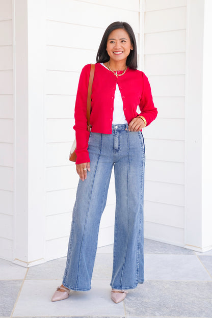 Saige High Rise Medium Wash Tummy Control Wide Leg Jeans - Freckled Poppy