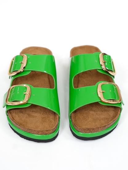 Patent Double Buckle Slide Sandal - Freckled Poppy