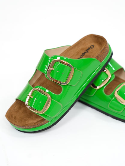 Patent Double Buckle Slide Sandal - Freckled Poppy