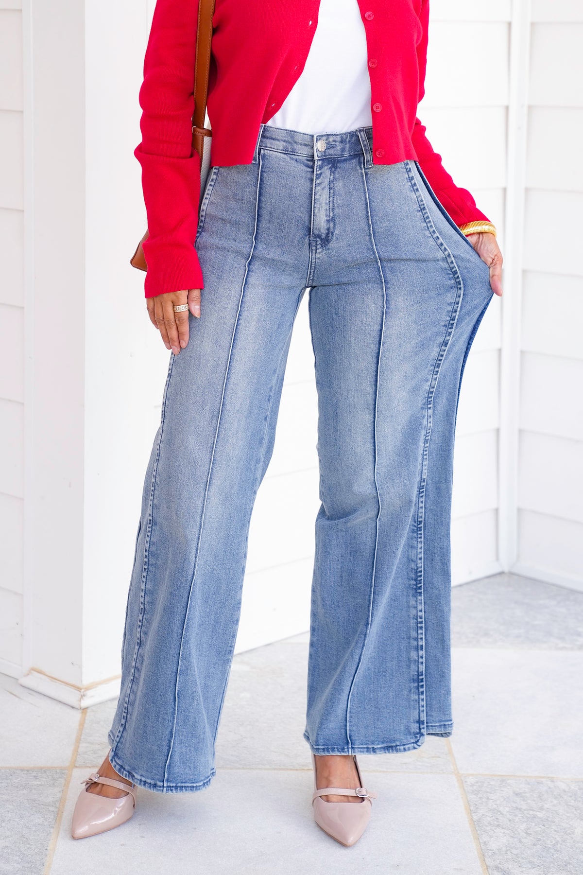 Saige High Rise Medium Wash Tummy Control Wide Leg Jeans - Freckled Poppy