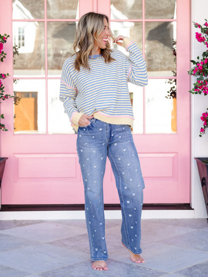 Plus/Reg Stripe Long Sleeve Pullover Sweater with Contrast Trim - Freckled Poppy