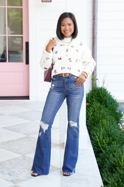 Restock! Floral Embroidery Long Sleeve Knit Sweater - Freckled Poppy